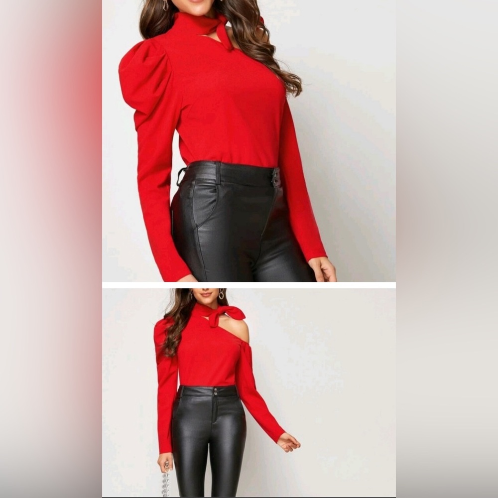 *Reposhing* One shoulder puff sleeve top in fire red. Size small-4